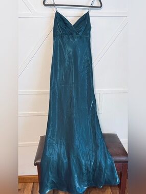 Jump Teal Satin Maxi Skirt with V-Neckline